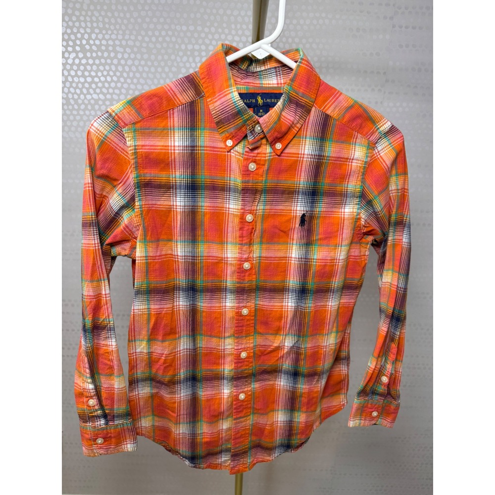 Ralph Lauren Boys Orange Plaid Long Sleeve Button Down Shirt Size M 10-12